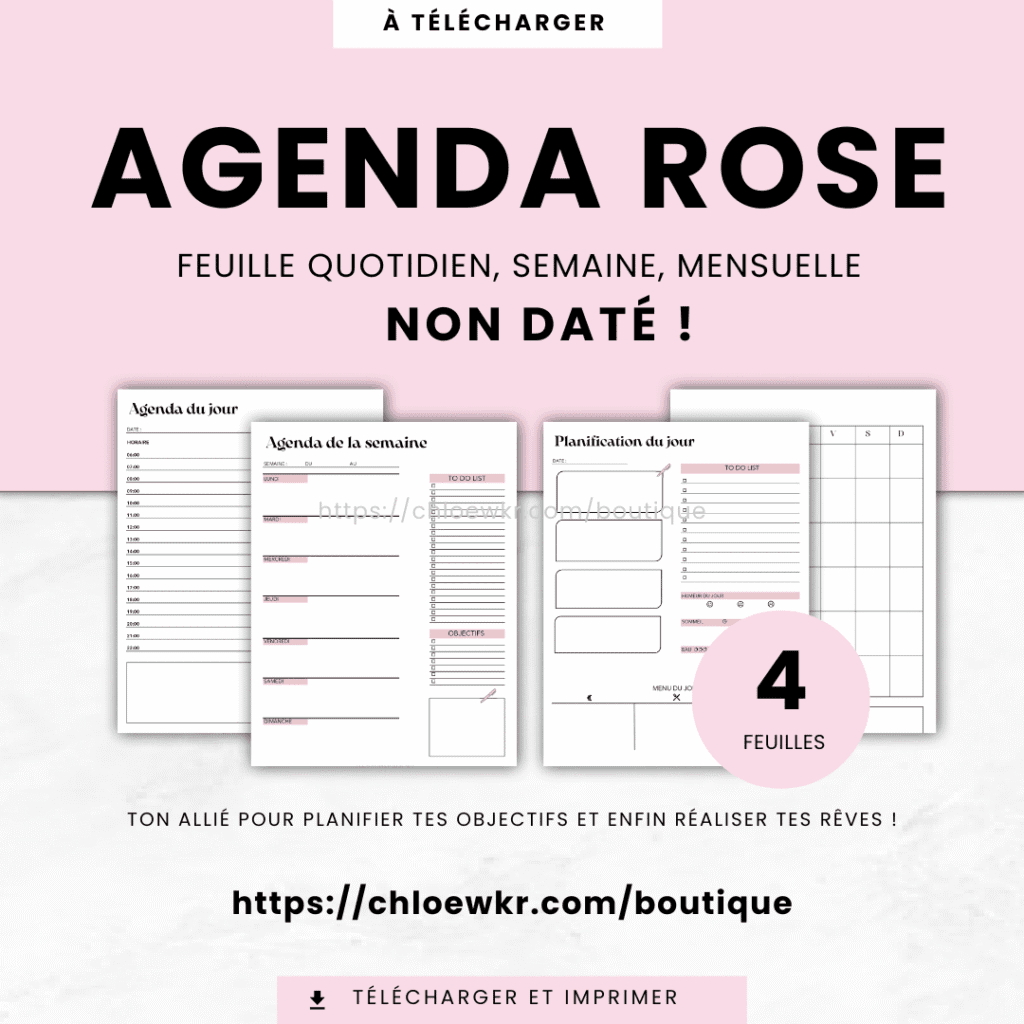 agenda hebdomadaire à imprimer rose – planner non daté pour femmes organisées
